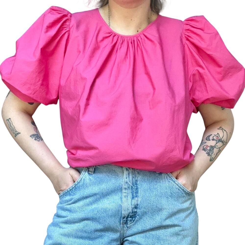 OOAK Handmade Reversible Fuchsia Pink Cotton Tie Puff Sleeve Top— Size Large